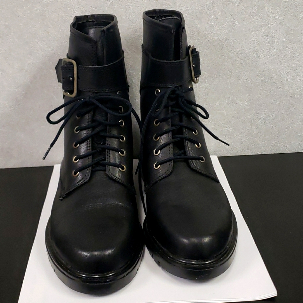 Like new, never worn black leather lace-up boots